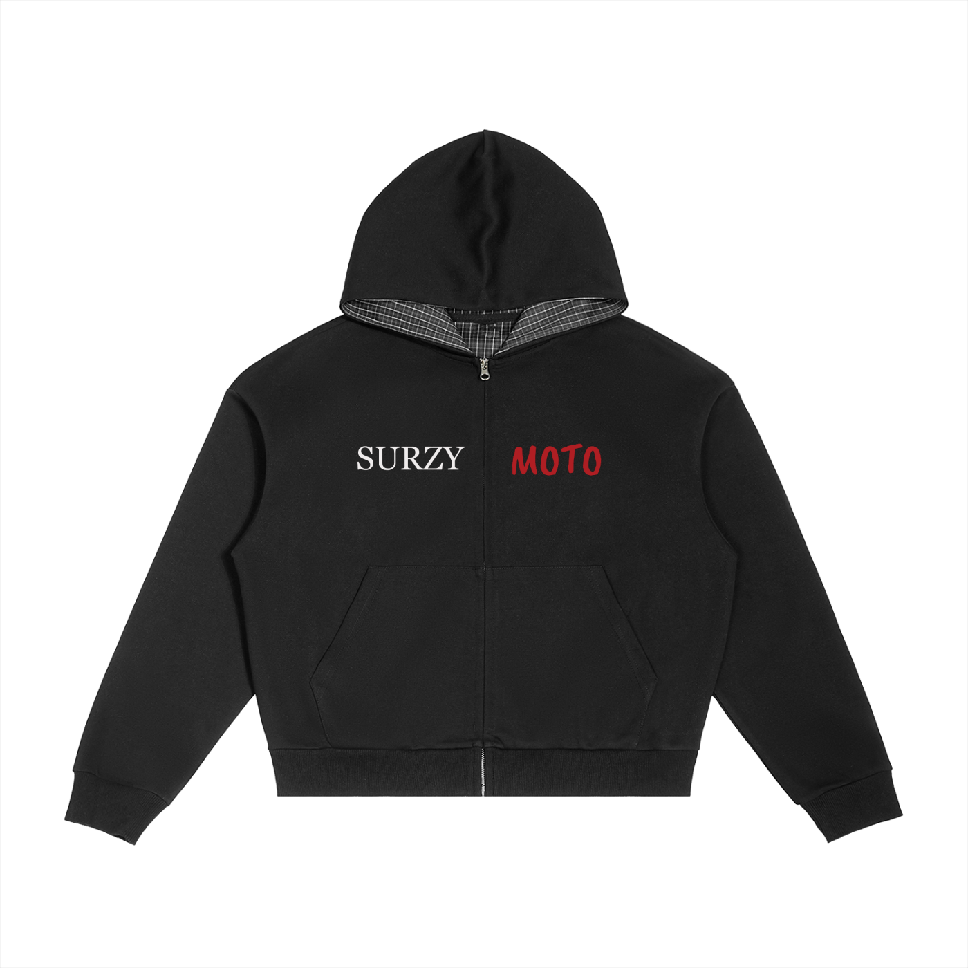 Contrast Plaid Boxy Zip Hoodie